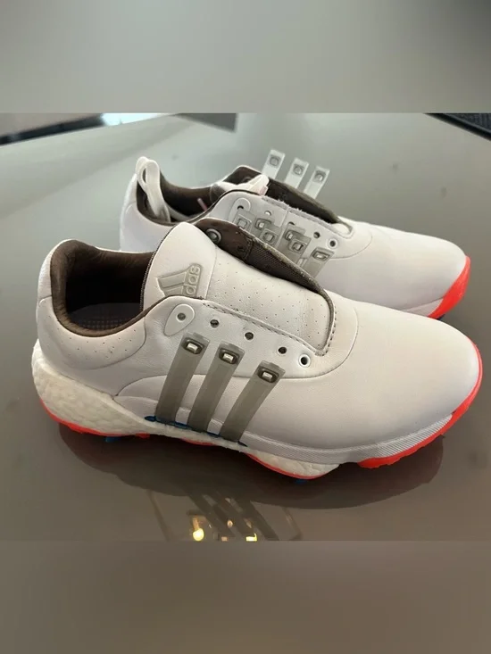 Adidas Men’s 360 Leather Golf Sneakers with Gray Stripes and Orange Accents - Picture 1 of 6
